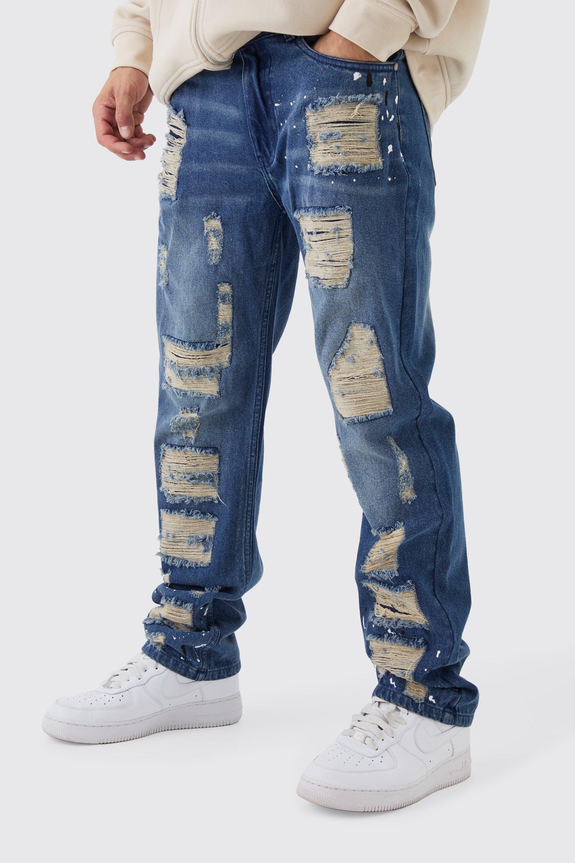 Mens Blue Straight Leg Ripped Paint Splatter Jeans, Blue